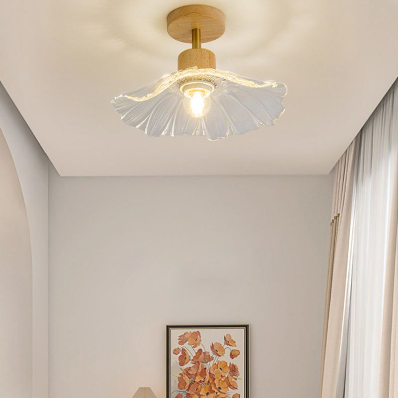 Modern Ceiling Lamp Wooden Flush Mount Light Fixture with Glass Shade for Bedroom