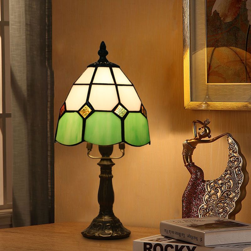 Dome Night Light Mission Stained Art Glass 1 Head Beige/Yellow/Orange Grid Patterned Nightstand Lighting for Bedroom