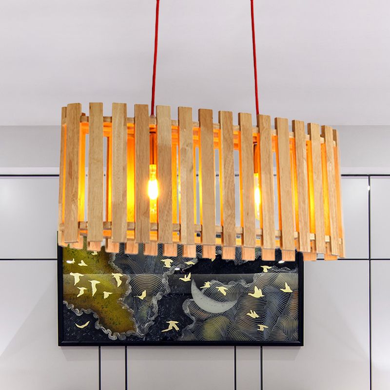 Bamboo Linear Island Lighting with Oval Shade Asian Stylish 2-Light Wood Pendant Lamp over Dining Table