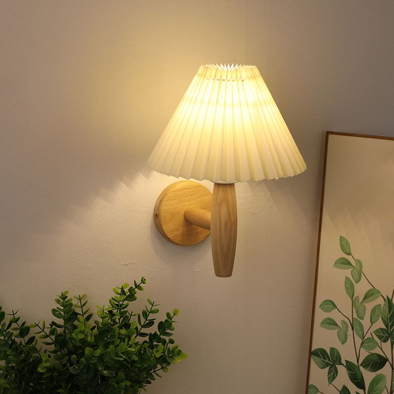 Flared Wall Mounted Light Fixture Simple Wood Bedroom Wall Sconce with Fabric Shade