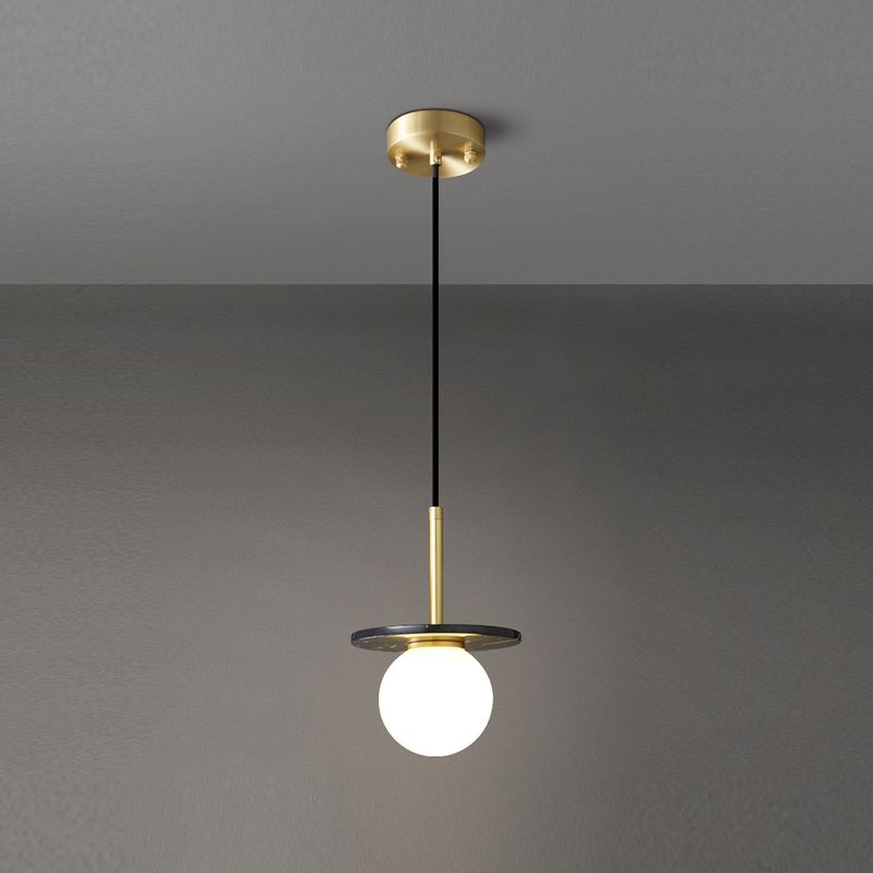 Natural Marble Small Pendant Light Modern 1-Head Suspension Lamp with White Glass Shade