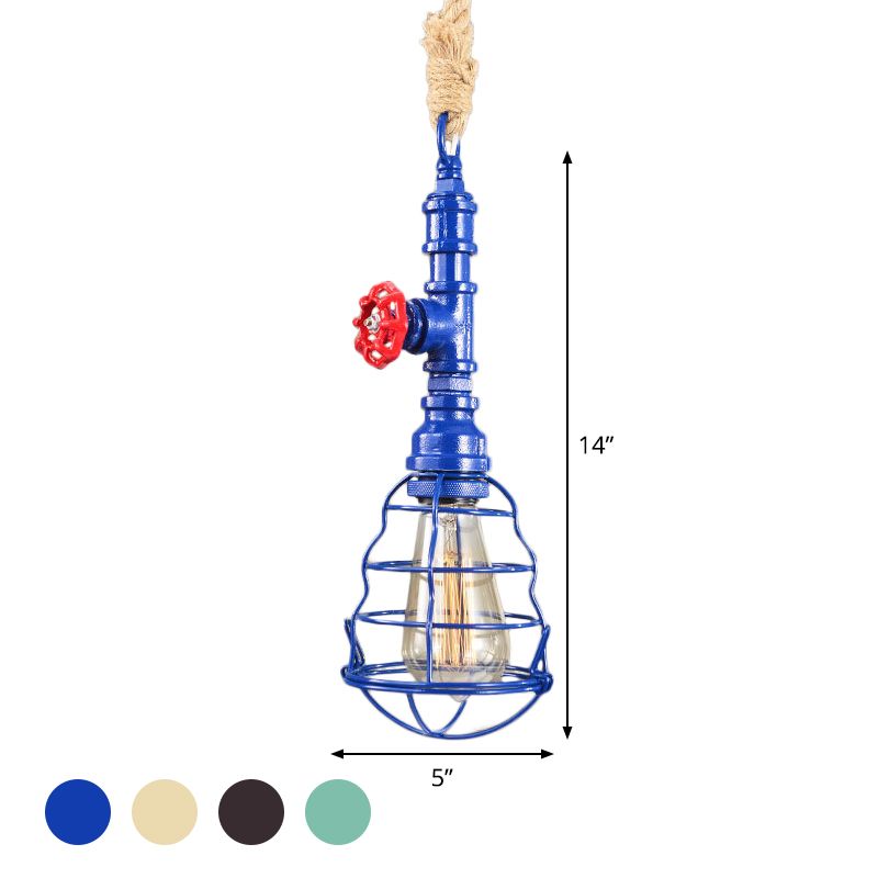 Costeo de iluminación de steampunk enjaulado 1 cabezal de techo colgante de hierro con cordón de cuerda y diseño de tubería de agua en azul/óxido/bronce