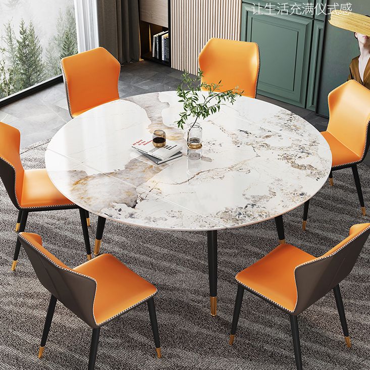 Traditional Luxury Round Drop-Leaf Dining Table Stone Furniture for Dining Room