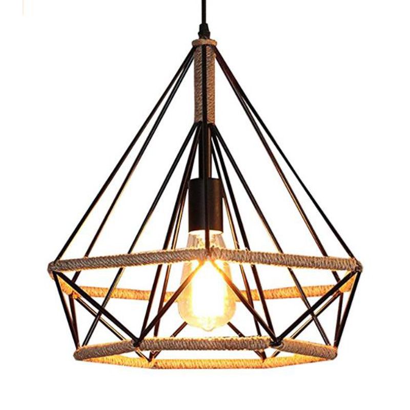 Black Diamond Cenderant Affermazione Vintage Metal and Rope 1 Light Coffee Shop lampada con gabbia