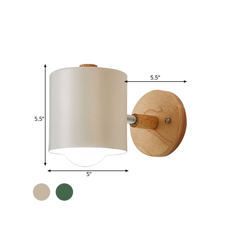 Tube Metal Wall Lighting Contemporary 1 Head White/Green Sconce Light Fixture with Circle Wood Backplate