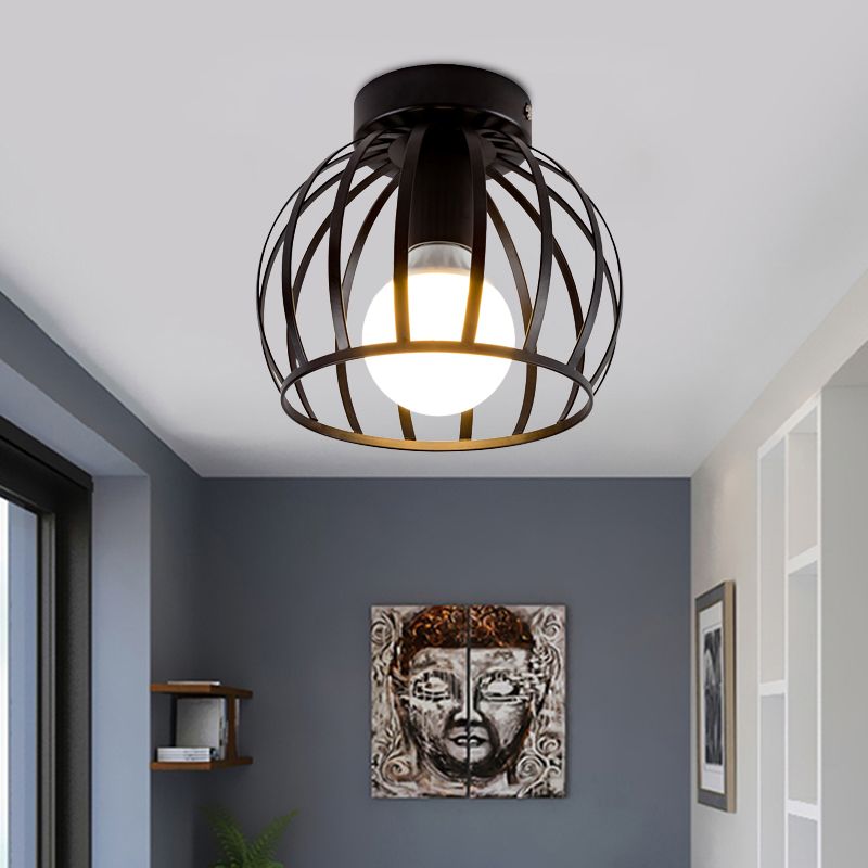 Luminaire encastré pour couloir à 1 lumière, lampe encastrée simple finition noir/or avec abat-jour en fer à cage globe