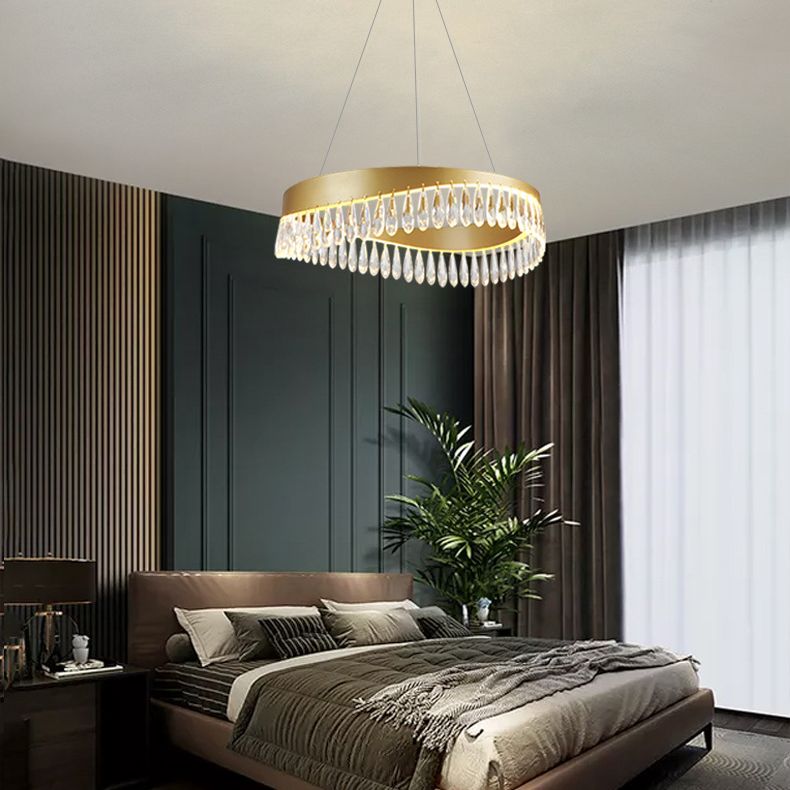 Adjustable Hanging Cord Chandelier Light Modern Round Crystal Ceiling Pendant for Restaurant