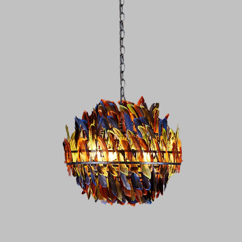 Iron Blue Ceiling Chandelier Globe Cage 4-Light Industrial Suspension Lamp with Multi-Color Feather Deco
