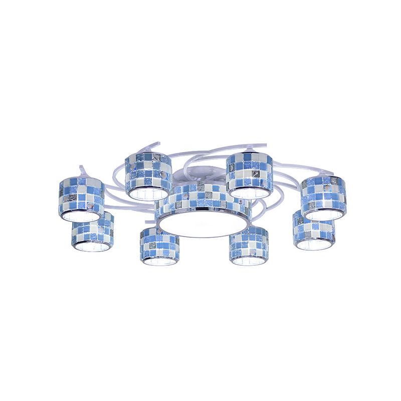 Mediterranean Drum Checkered Semi Flush 11 Heads Blue Glass Ceiling Mount Chandelier for Living Room