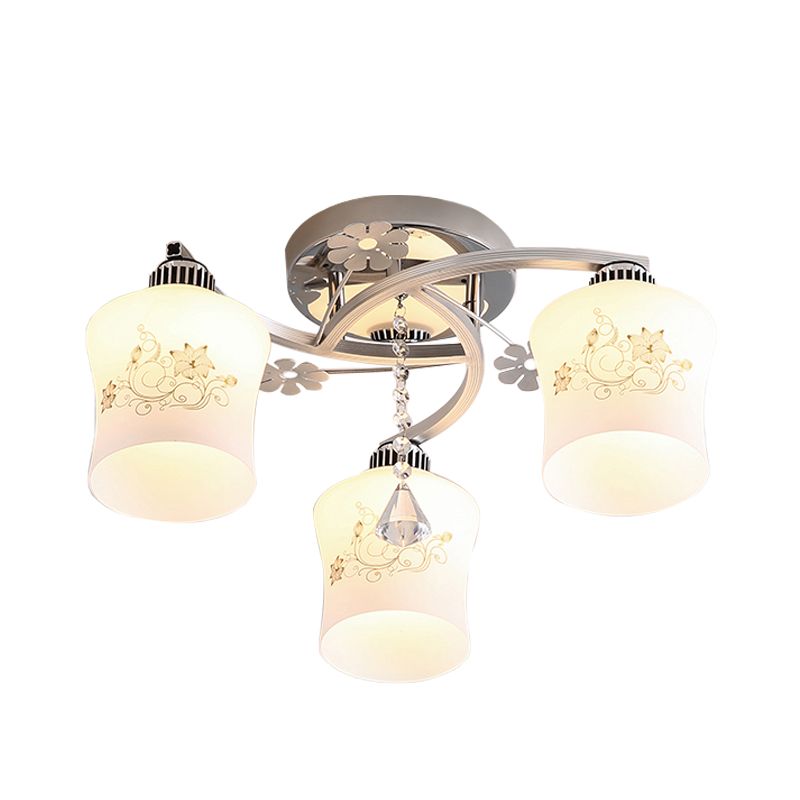 Patterned White Glass Cylinder Semi Flush Light Modernism 3-Head Spiral Close to Ceiling Lamp in Chrome