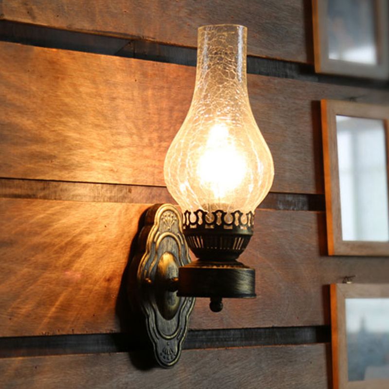 1 kop wandmontage licht antieke kerosine ijzerwandverlichting met glazen schaduw in brons