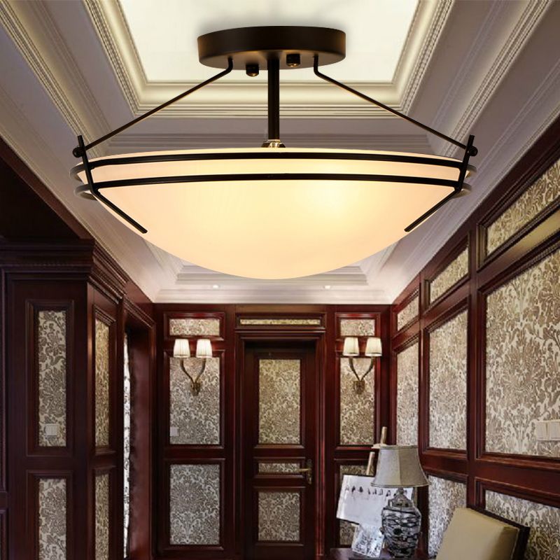 Bowl Frosted Glass Semi Flush Traditional 3 Lights Corridor Ceiling Light Fixture in Black