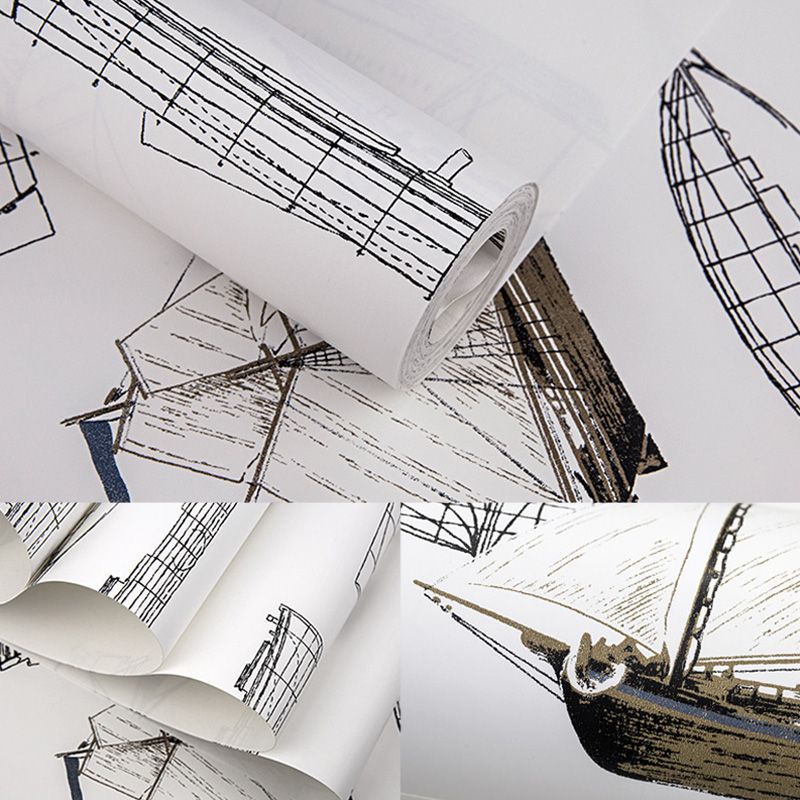 20,5" x 33' Meerestapetenrolle für Kinder, Cartoon-Segelboote, Wanddekoration in sanften Farben, schmutzabweisend