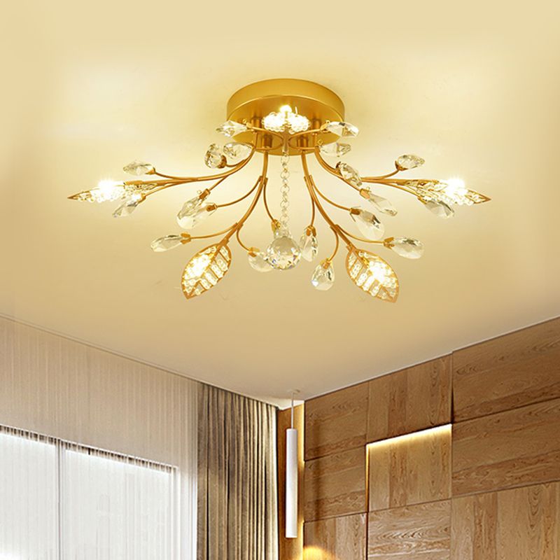 Goldzweigendedecke Moderne 5/8 Lampenfacettierte Kristall Halbflush -Halterung Beleuchtung