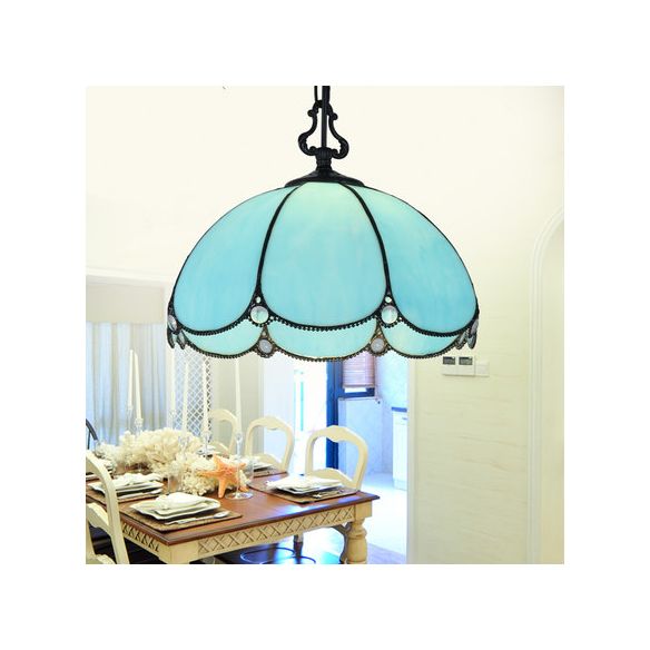 Tiffany Flower suspendu lampe 1 ampoule bleu / transparent en verre coupé à main