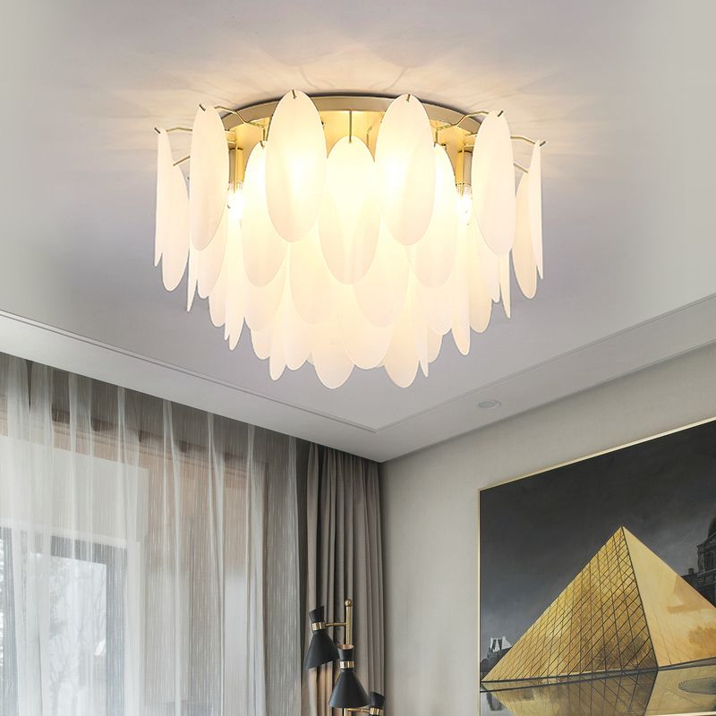 Feather-Shaped Flush Mount Lamp Contemporary White Glass 22.5"/28" Wide 6 Lights Living Room Flush Ceiling Light Fixture