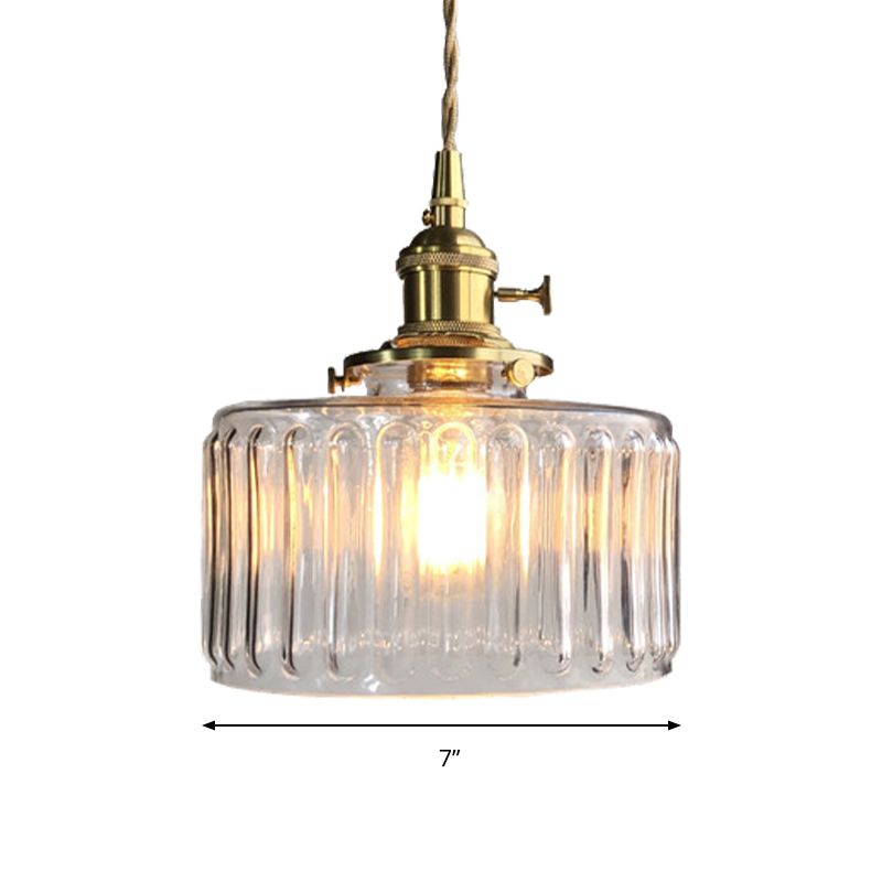 Drum Shape Pendant Light 1 Head Modern Stylish Fluted Glass Hanging Lamp for Gallery