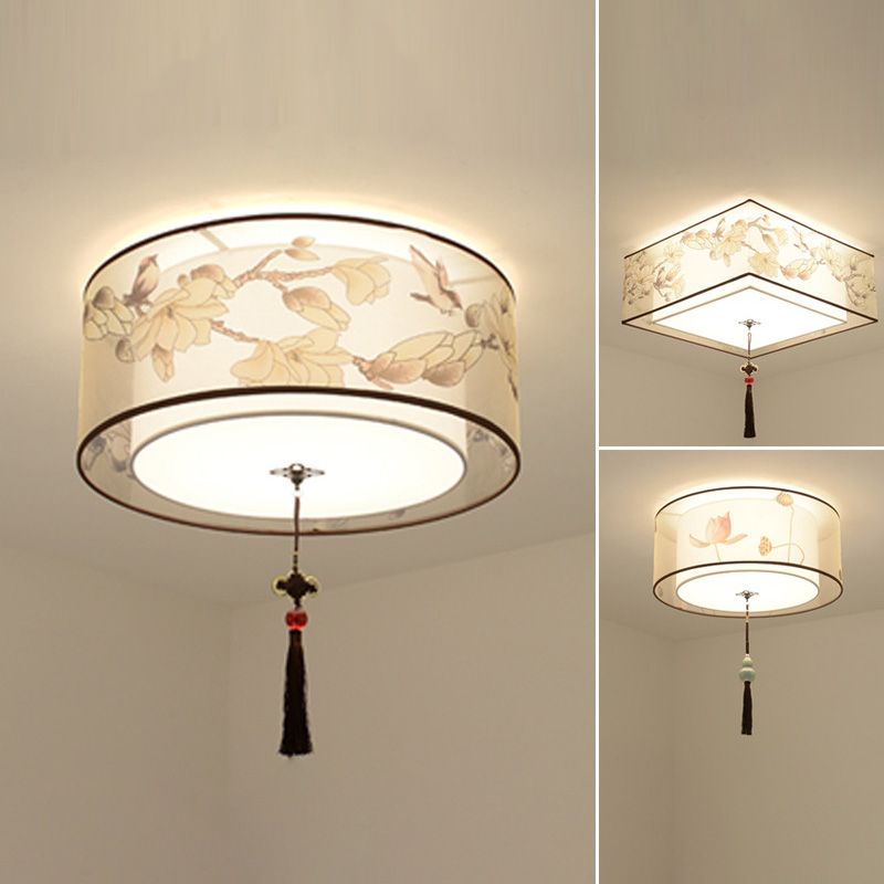 16" Wide 4 Lights Flush Mount Traditional Fabric Flush Ceiling Light in White for Bedroom