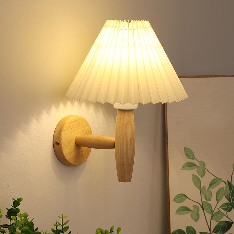 Flared Wall Mounted Light Fixture Simple Wood Bedroom Wall Sconce with Fabric Shade