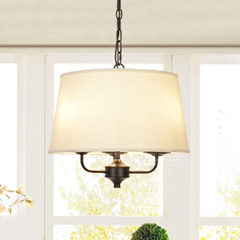Fabric Drum Shade Hanging Chandelier Traditional 3 Lights Bedroom Pendant Light in Flaxen/White