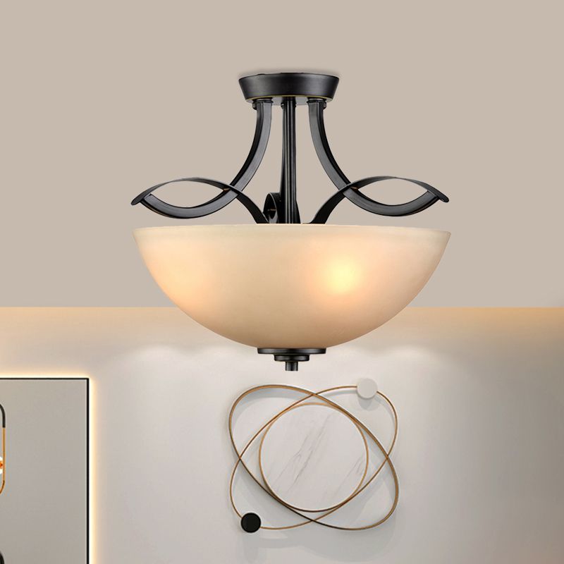 Frosted Glass Black Semi Flush Bowl 3-Bulb Rustic Ceiling Flush Mount Light for Bedroom
