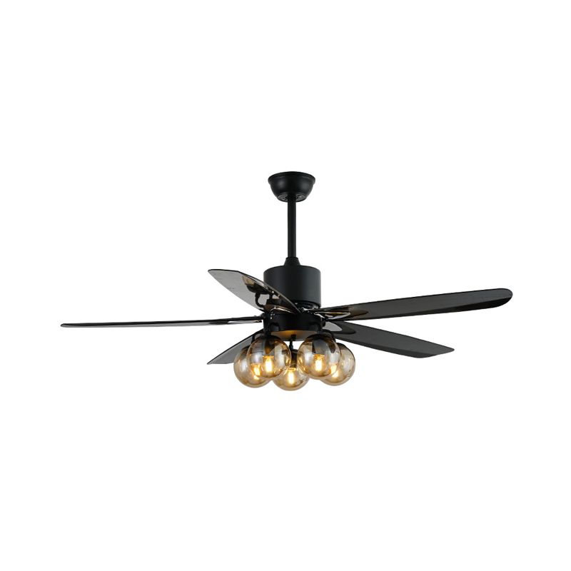 Black 5 Bulbs Ceiling Fan Light Antiqued Clear Glass Global Semi Flush Mounted Lamp with 5 Blades, 56" Wide