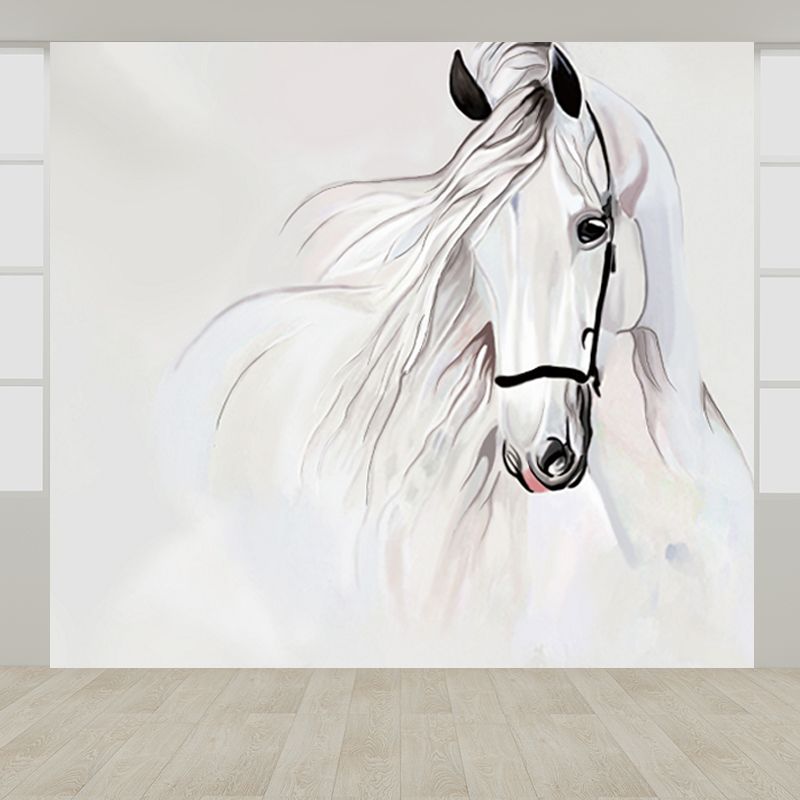 White Horse Head Wall Mural Animal Modern Moisture Resistant Wall Decor for Bedroom