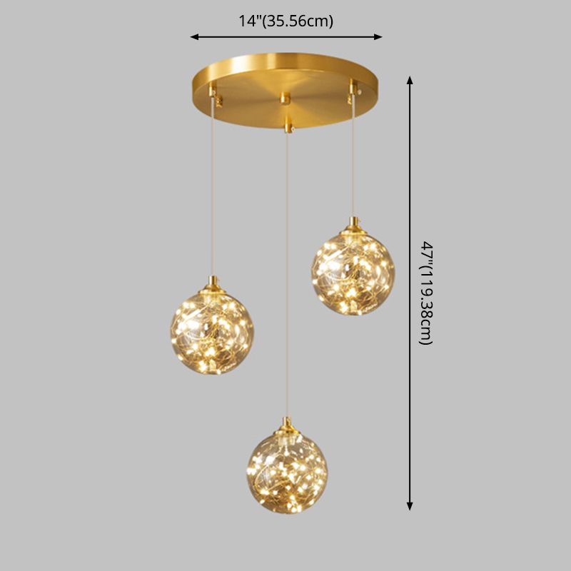 Lámpara de suspensión global de acabado de latón Nordic Amber Glass Led Starry Pends Lighting for Bedroom