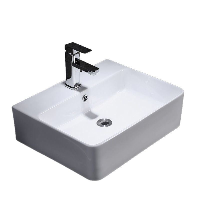 Contemporary Vessel Bathroom Sink Rectangular White Ceramic Overflow Drain Assembly Sink