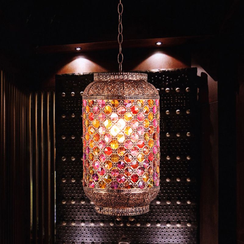 Single Hollowed out Ellipse Pendant Light Bohemia Copper 1-Light Suspension Lamp for Living Room