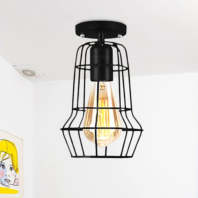 Global/Barrel Iron Semi Flush Mount with Wire Guard Farmhouse Style 1 Light Coffee Shop Ceiling Light in Black