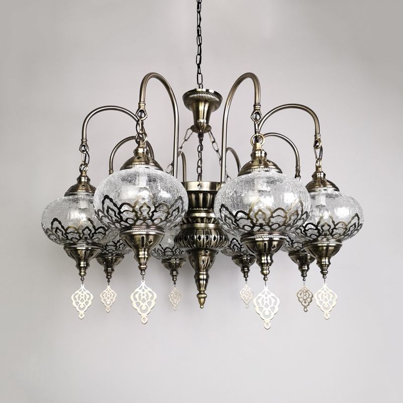 Lantern Living Room Suspension Lamp Bohemia Clear Crackle Glass 8 Lights Bronze Chandelier Light with Swooping Arm