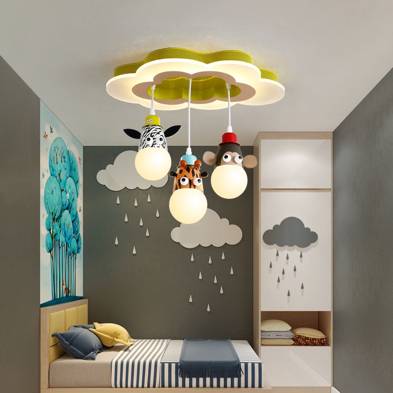 Lampada a soffitto a soffitto a testa animale metallica per bambini Bambini Sospensione bianca con baldacchino a forma di nuvola