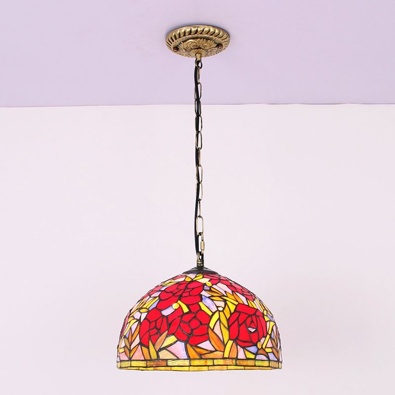 Dome Red Stained Glass Pendant Lighting Fixtures Tiffany Ceiling Pendant with 1 Light