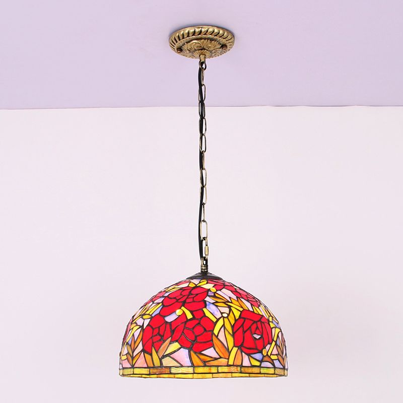 Accesorios de iluminación de colgante de vidrio manchado de cúpula de color rojo Tiffany Costil de techo con 1 luz