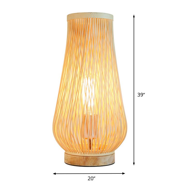 Lampada da tavolo per camera da letto a testa singola Lampada da scrivania beige in stile asiatico con paralume in bambù a goccia