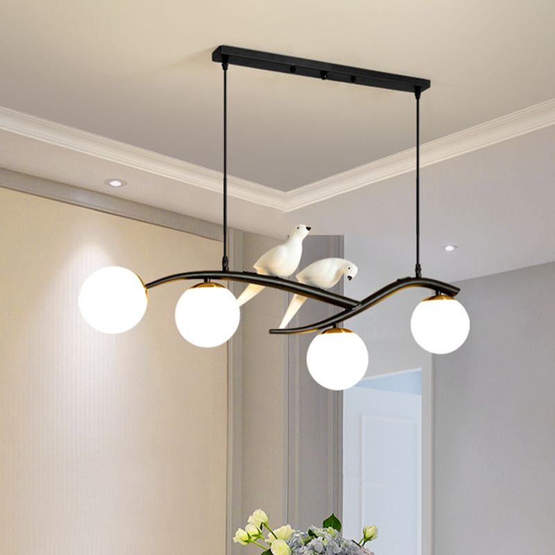 Lait blanc / fumée en verre gris globe lustre lumière minimale 4 lumières suspension suspension lumière en noir / or avec oiseaux déco