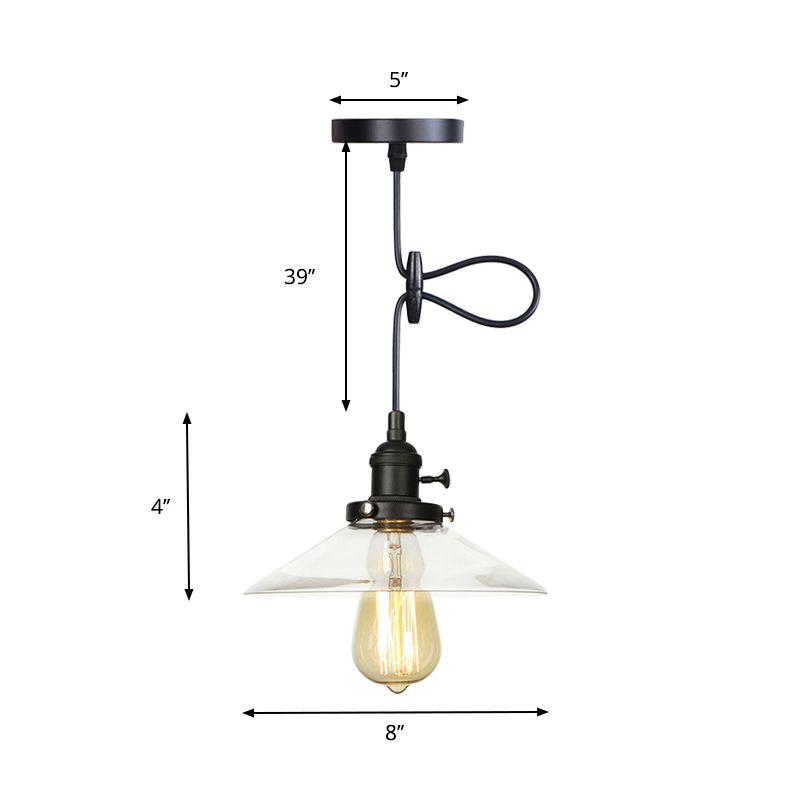 Farmhouse Style Cone Pendant Lamp Metallic and Clear Glass 1 Bulb Indoor Height Adjustable Ceiling Light in Black/Bronze/Brass