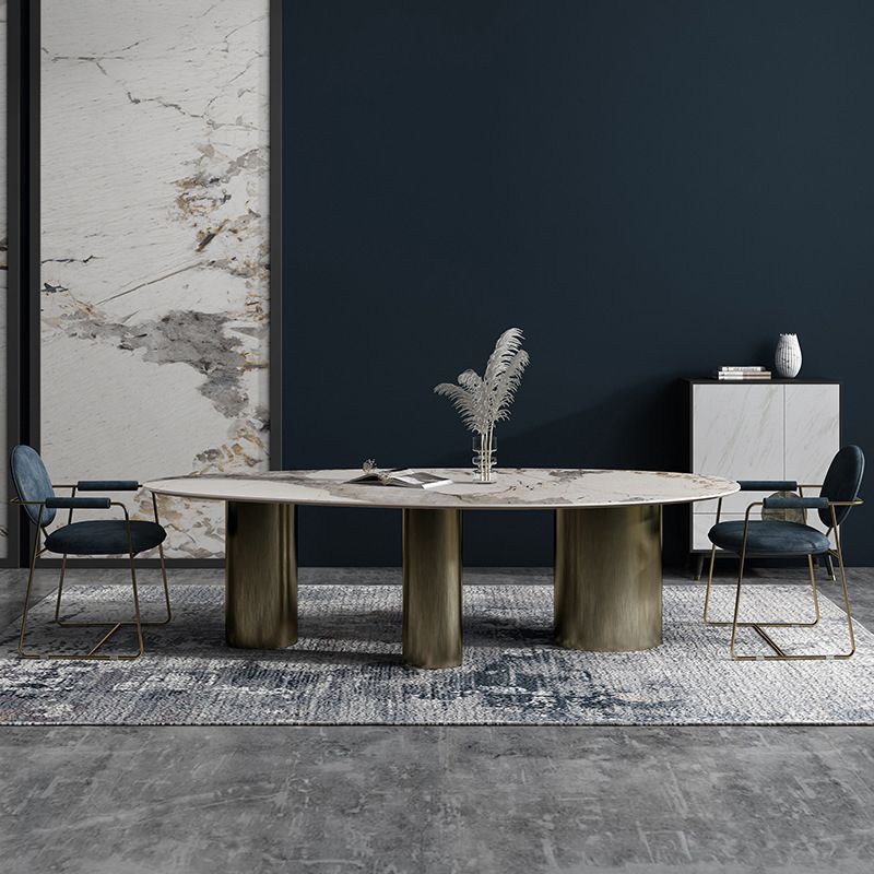 Oval Sintered Stone Dining Table Luxury Table in White with Metal 3 Legs