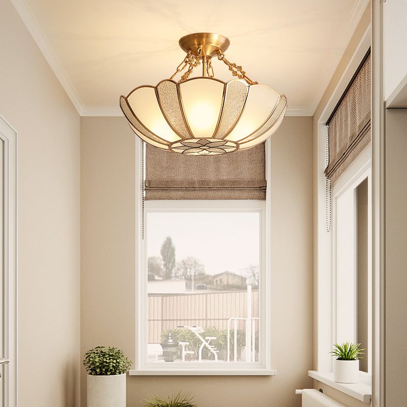 Inverted Bedroom Semi Flush Mount Light Vintage Glass Brass Ceiling Lighting