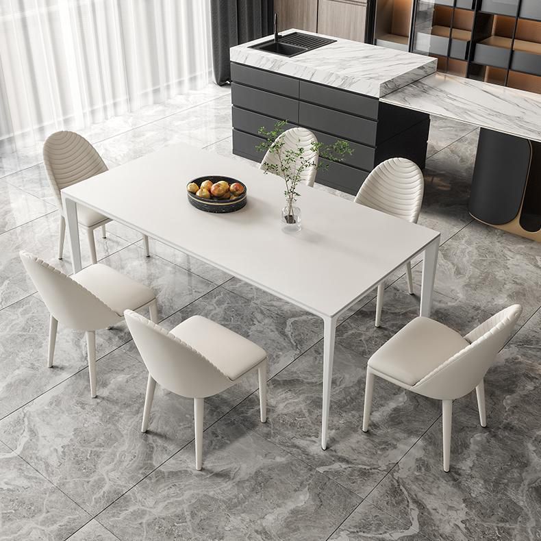 Mesa de comedor rectangular de simplicidad Mesa de piedra sinterizada con 4 piernas blancas