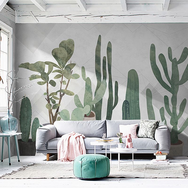 Fresh Cactus Wall Covering for Living Room in Pastel Green, Personalized Size Available