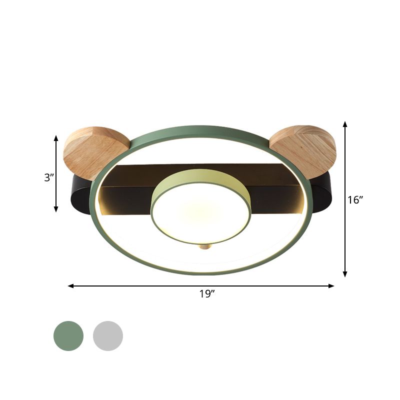 Acrylic Bear Design Ceiling Flush Light Cartoon White/Green-Wood LED Flush Mount Lighting Fixture