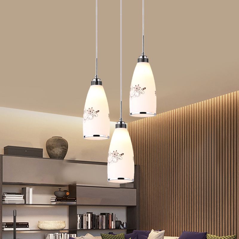 3-Bulb Cone Multiple Hanging Lamp Minimalism Black/Yellow/Blue Printing Glass Pendulum Lamp with Linear/Round Canopy
