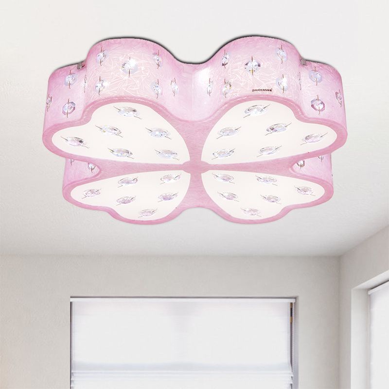 Flower Close to Ceiling Lighting Kids Acrylic LED Pink Flush Mount Light with Crystal Deco