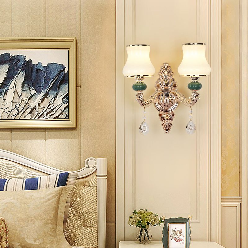 Traditional Tapered Wall Mount Light Textured Glass Wall Light Fixture with Hanging Crystal in Gold