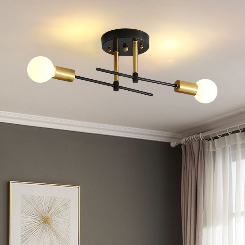 Minimalist Linear Semi Flush Mount Iron 2 Bulbs Bedroom Flush Ceiling Light Fixture in Black