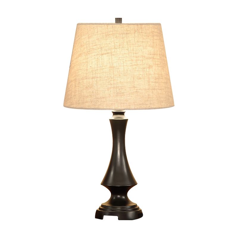 1 Head Fabric Desk Lighting Countryside Black/Brown Conical Bedroom Night Light with Slender Base