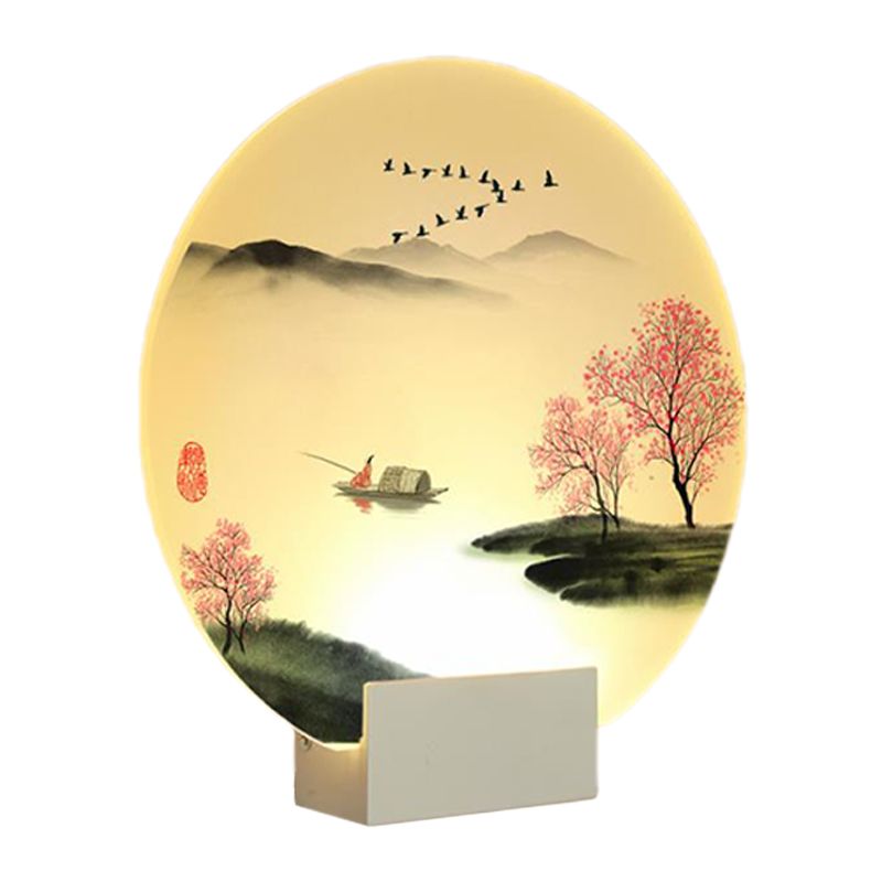 Round Hallway Mountain and Lake Mural Lamp Acrylic LED Chinese Wall Lighting Idea in White