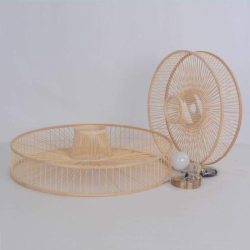 Round Pendulum Light Minimalist Bamboo Single-Bulb Bedroom Ceiling Pendant in Wood